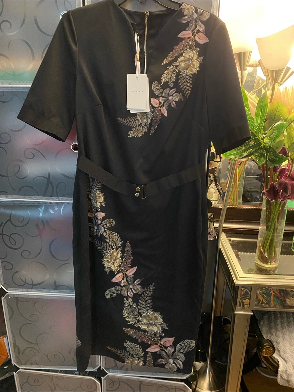 NWT, Ted Baker Black Midi Dress with Pink and Gold Floral Embroidery - Picture 1 of 6